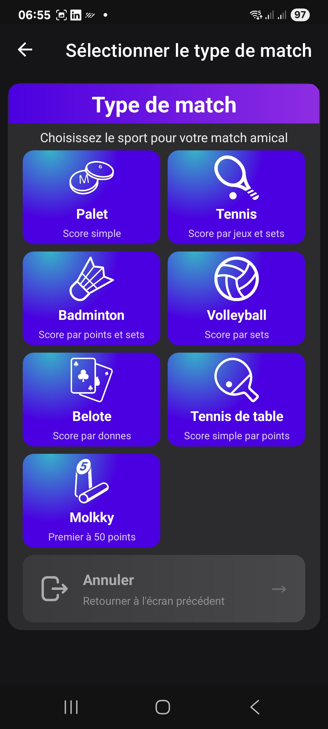 Menu des sports