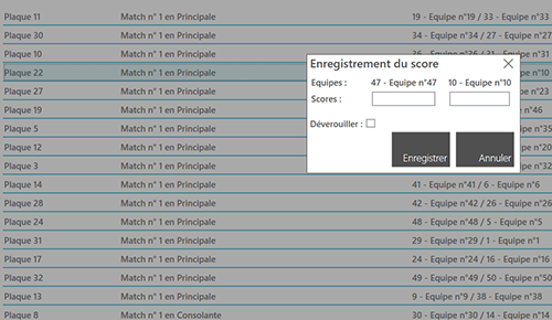 Saisie des scores de palet